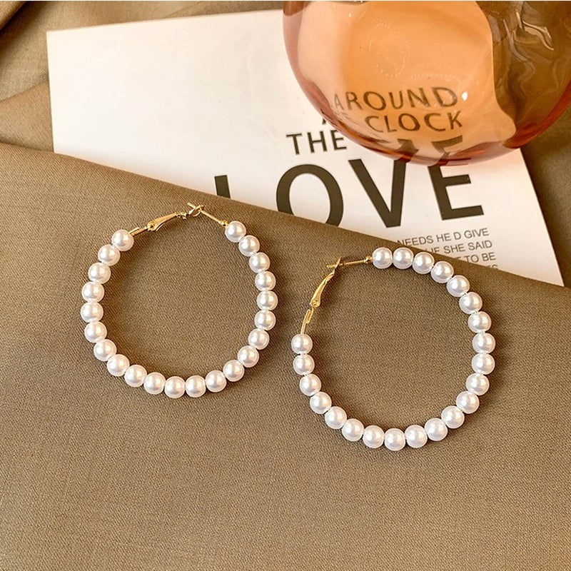 YOUFENG Pearl Hoop Earrings for Women Fashion Dangle Hypoallergenic Earrings Drop Dangle Earrings Gifts for Women 50mm Hoop - Image 5