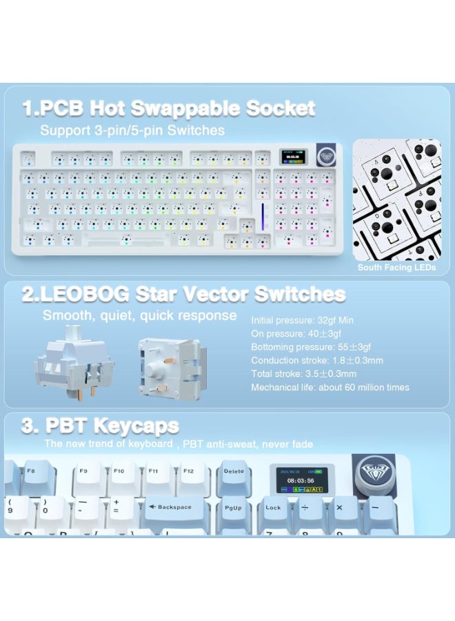 AULA لوحة مفاتيح ميكانيكية لاسلكية S98 Pro – شاشة ذكية وقرص، ثلاثي الوضع بلوتوث 5.0/2.4G/USB-C، لوحة مفاتيح كريمية مضاءة بـ RGB، مفاتيح خطية مسبقة التشحيم للألعاب والمكتب - Image 5