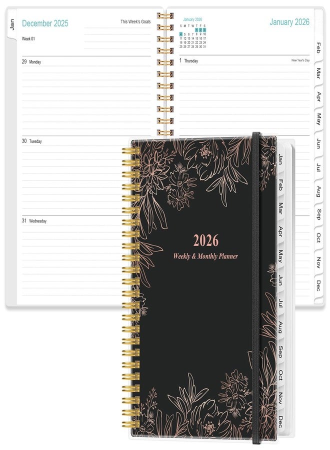 Yaridar 2026 Planner - Weekly Monthly Planner Spiral Bound from January 2026 to December 2026, Planner 2026 with 12 Monthly Tabs, Inner Pocket, Elastic Closure, Black Flowers - Image 1