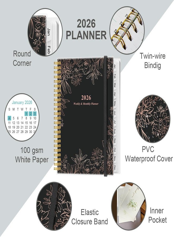 Yaridar 2026 Planner - Weekly Monthly Planner Spiral Bound from January 2026 to December 2026, Planner 2026 with 12 Monthly Tabs, Inner Pocket, Elastic Closure, Black Flowers - Image 2
