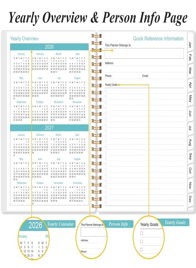 Yaridar 2026 Planner - Weekly Monthly Planner Spiral Bound from January 2026 to December 2026, Planner 2026 with 12 Monthly Tabs, Inner Pocket, Elastic Closure, Black Flowers - Image 5
