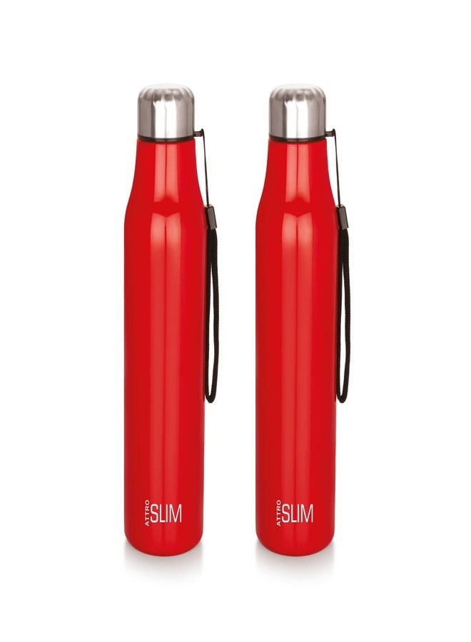 ATTRO Slim Stainless Steel Single Wall 1100ml Water Bottle, Light Weighted Leak -Proof Use for Office, School, Outdoor & Gym-Red, Set of 2 - Image 1