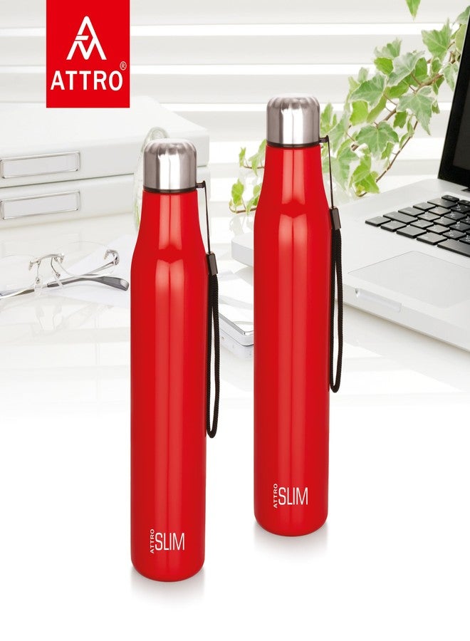 ATTRO Slim Stainless Steel Single Wall 1100ml Water Bottle, Light Weighted Leak -Proof Use for Office, School, Outdoor & Gym-Red, Set of 2 - Image 2