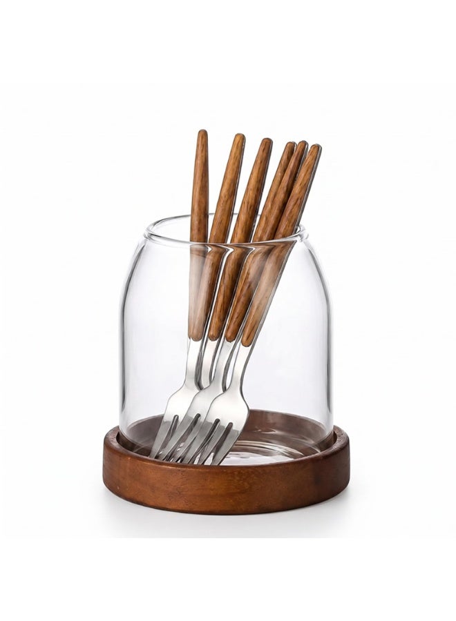 Glass Utensil Holder with Wooden Base & Stainless Steel Forks Set, Wood Handles, Cutlery Caddy - Image 1