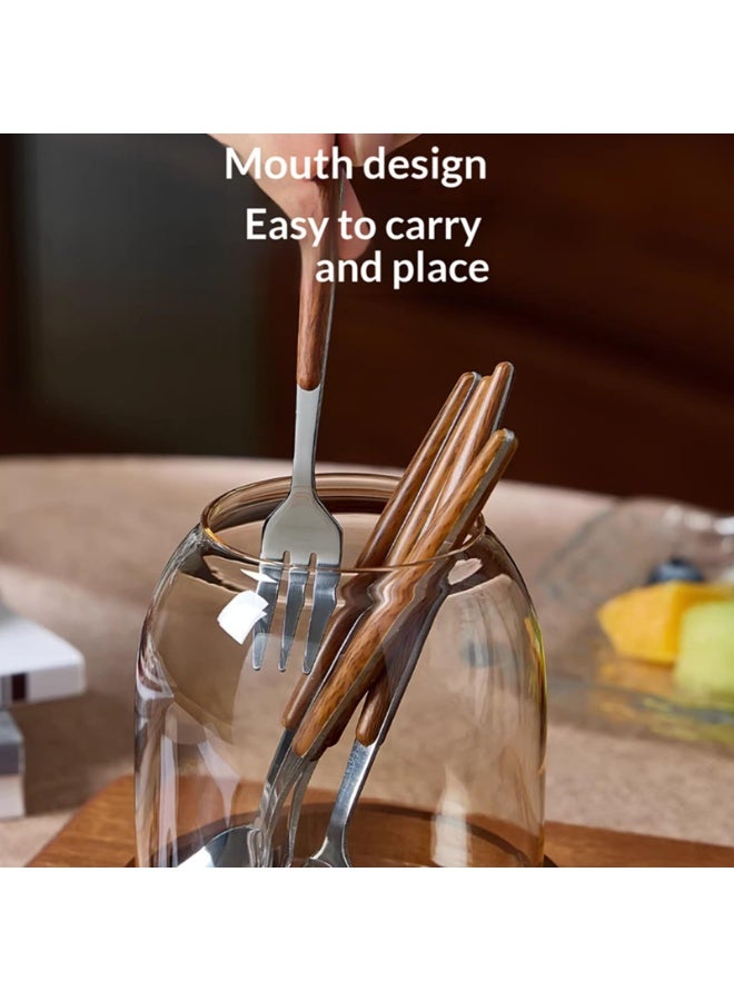 Glass Utensil Holder with Wooden Base & Stainless Steel Forks Set, Wood Handles, Cutlery Caddy - Image 4