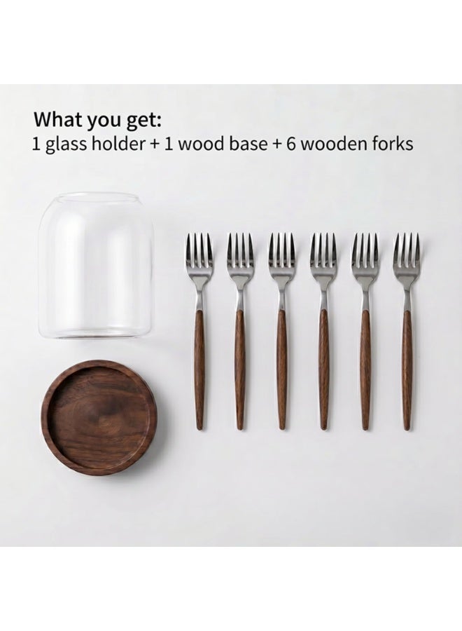Glass Utensil Holder with Wooden Base & Stainless Steel Forks Set, Wood Handles, Cutlery Caddy - Image 3