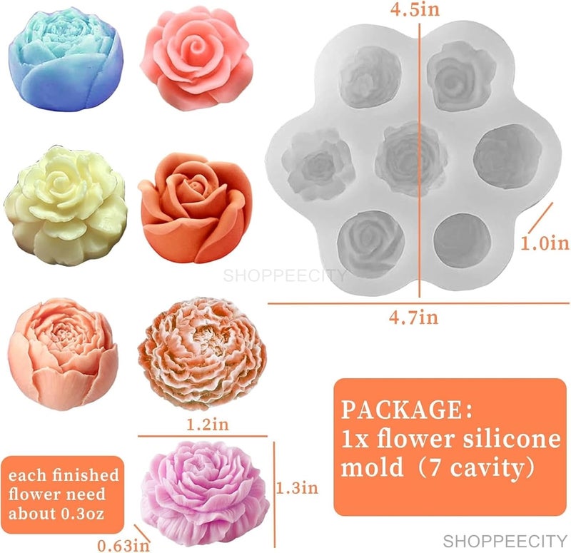 Shoppeecity 7 Cavity 3D Rose Peony Flower Carnation Floral Shape Silicone Fondant candle Mould Round 3D Rose Bloom Flower Candle Silicone Mould for DIY Cake Decoration Handmade Chocolate Mousse Dessert Soap Candle Making Cake Wax Bath Bomb Aromatherapy Resin Art Craft Making Home Party Decoration - Image 4