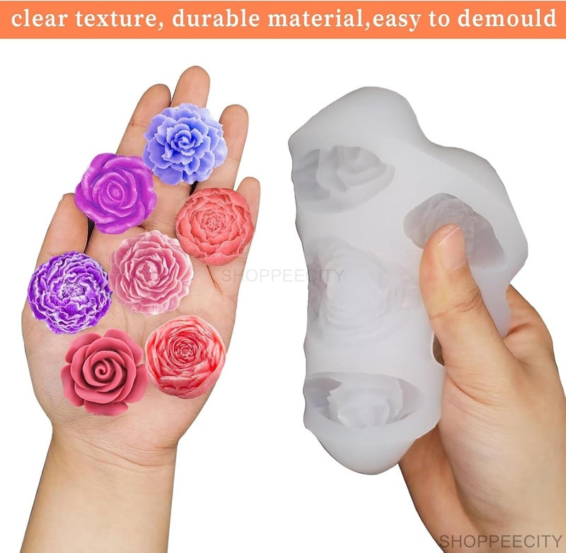 Shoppeecity 7 Cavity 3D Rose Peony Flower Carnation Floral Shape Silicone Fondant candle Mould Round 3D Rose Bloom Flower Candle Silicone Mould for DIY Cake Decoration Handmade Chocolate Mousse Dessert Soap Candle Making Cake Wax Bath Bomb Aromatherapy Resin Art Craft Making Home Party Decoration - Image 3