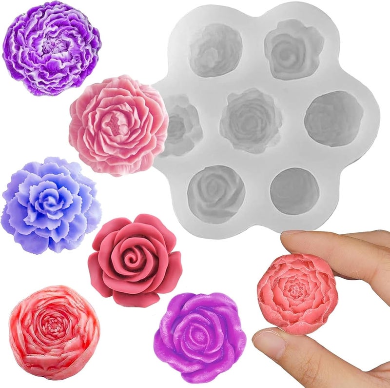 Shoppeecity 7 Cavity 3D Rose Peony Flower Carnation Floral Shape Silicone Fondant candle Mould Round 3D Rose Bloom Flower Candle Silicone Mould for DIY Cake Decoration Handmade Chocolate Mousse Dessert Soap Candle Making Cake Wax Bath Bomb Aromatherapy Resin Art Craft Making Home Party Decoration - Image 1