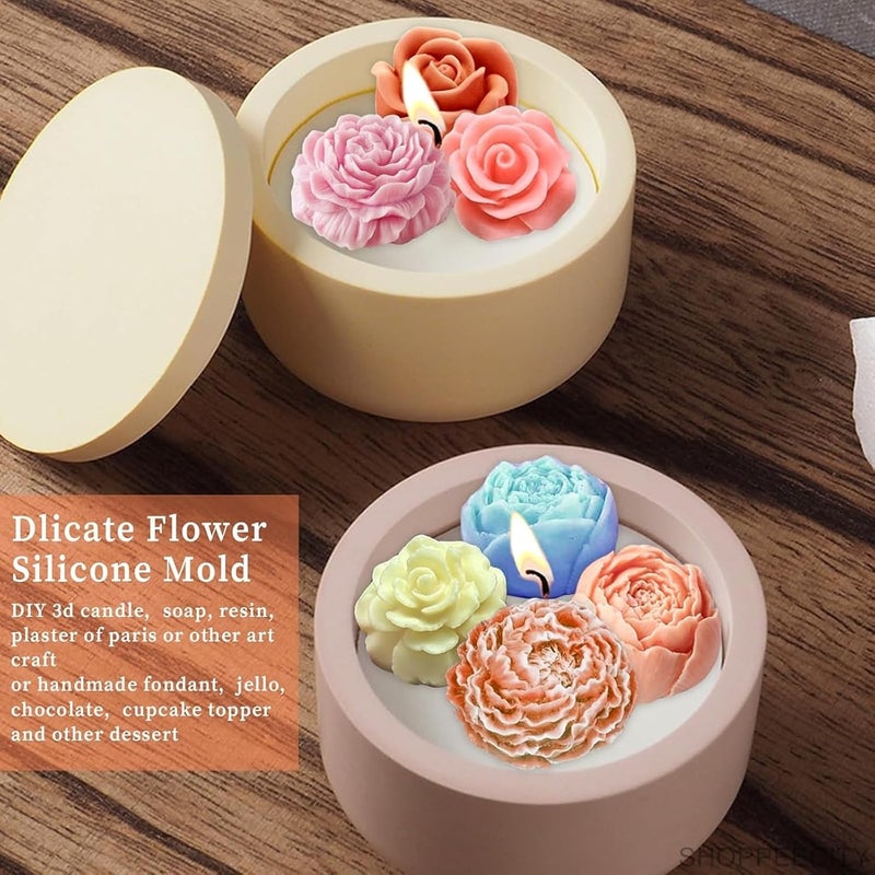 Shoppeecity 7 Cavity 3D Rose Peony Flower Carnation Floral Shape Silicone Fondant candle Mould Round 3D Rose Bloom Flower Candle Silicone Mould for DIY Cake Decoration Handmade Chocolate Mousse Dessert Soap Candle Making Cake Wax Bath Bomb Aromatherapy Resin Art Craft Making Home Party Decoration - Image 2