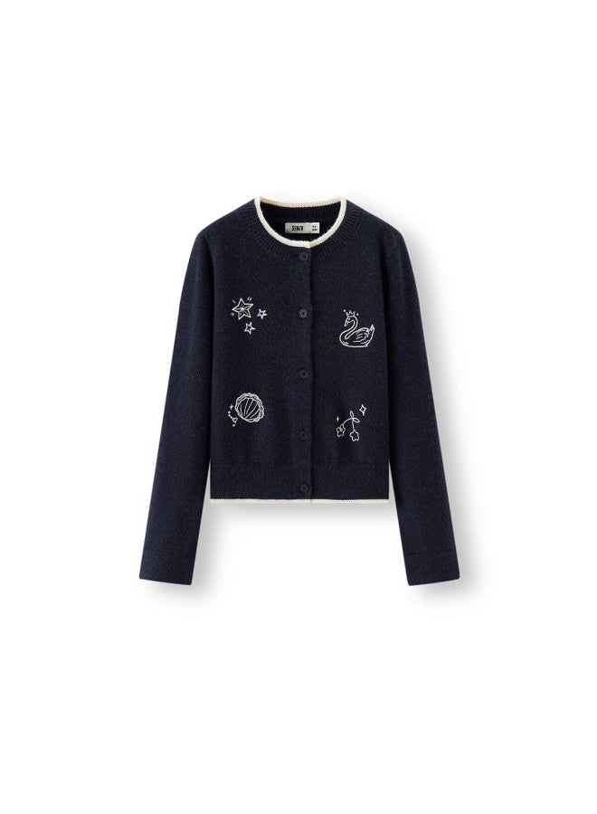 Semir Chen Duling Women's Knitted Cardigan Winter Short Pattern Embroidered Shoulder Round Neck Sweater 109725106007 - Image 3