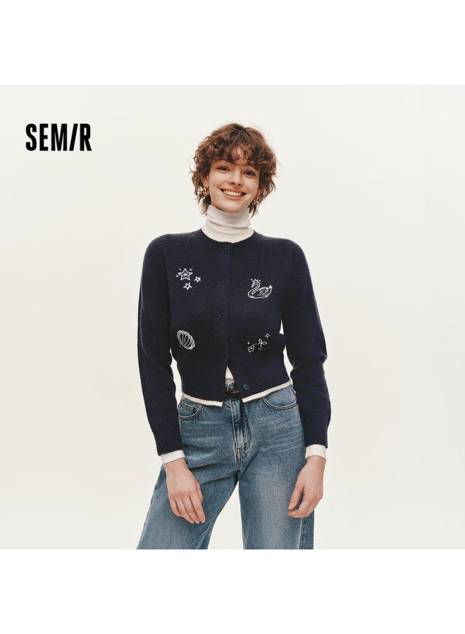 Semir Chen Duling Women's Knitted Cardigan Winter Short Pattern Embroidered Shoulder Round Neck Sweater 109725106007 - Image 1