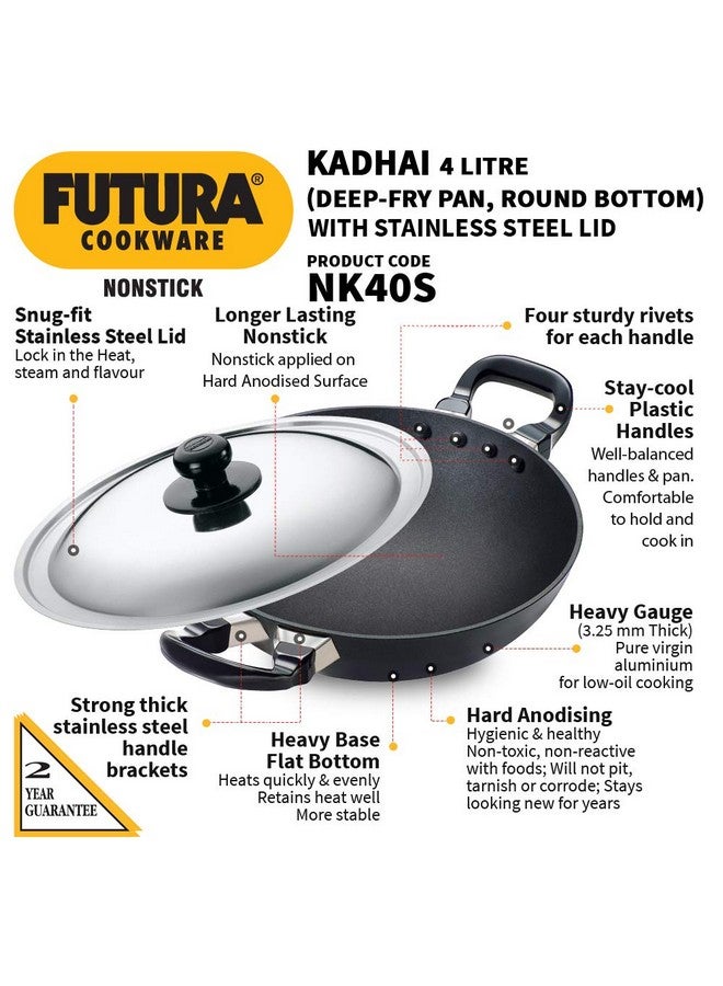 Hawkins Futura Nonstick Deep-Fry Pan (Kadhai, Round Bottom) with Stainless Steel Lid, Capacity 4 Litre, Diameter 30 cm, Thickness 3.25 mm, Black (NK40S) - Image 2