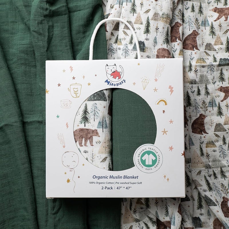 Miaoberry بطانيات من الكتان العضوي المعتمدة من GOTS من ماركة ، عبوة تحتوي على 2 بطانية، مناسبة للأطفال حديثي الولادة من الذكور والإناث، ناعمة وقابلة للتنفس، بألوان الدب الغابي والأخضر. - Image 2