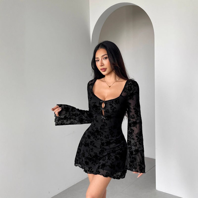 Women's Flocked Long Sleeve Floral Cut Out Bow Dress - Image 1