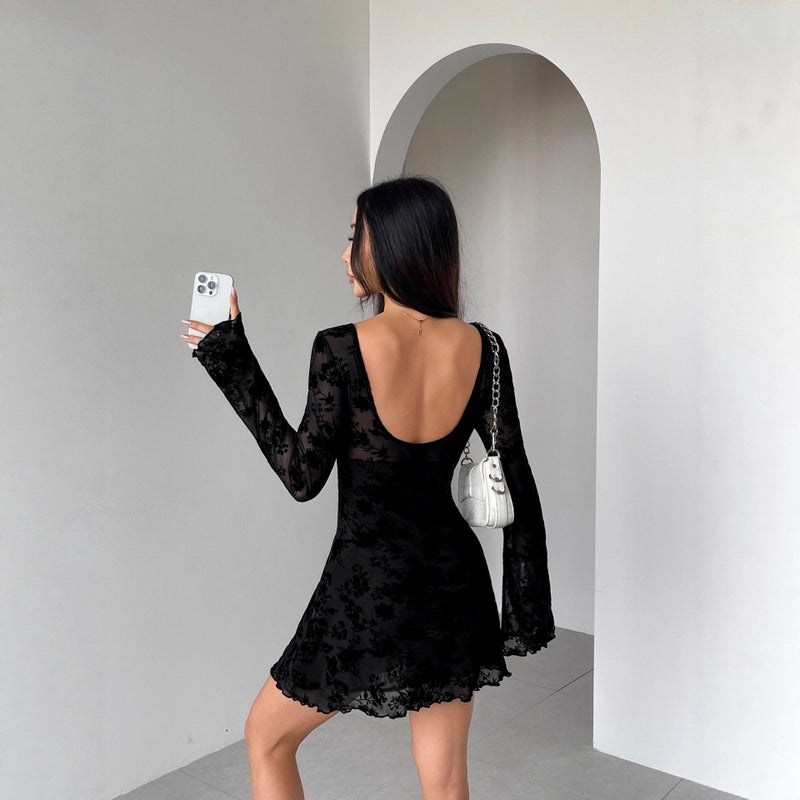 Women's Flocked Long Sleeve Floral Cut Out Bow Dress - Image 2