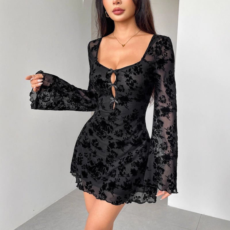 Women's Flocked Long Sleeve Floral Cut Out Bow Dress - Image 3