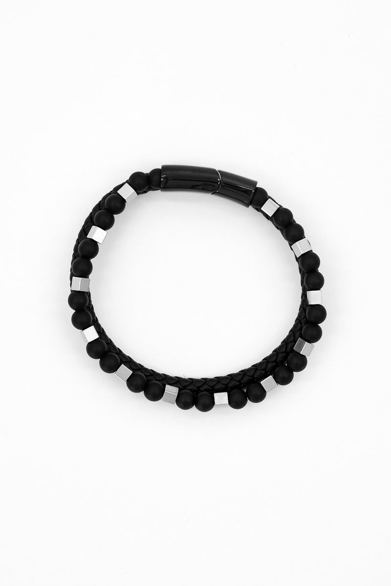 Steeltime Men Leather Bracelet With Strings Design, Black - Image 4