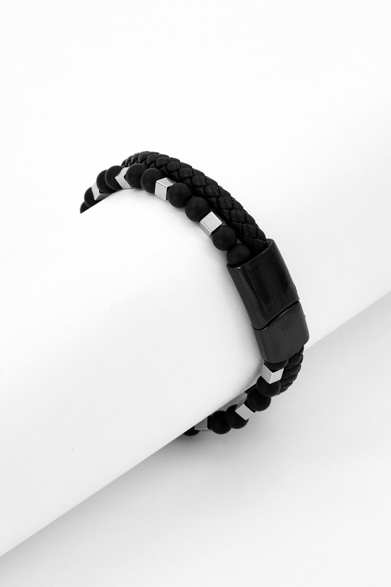 Steeltime Men Leather Bracelet With Strings Design, Black - Image 1