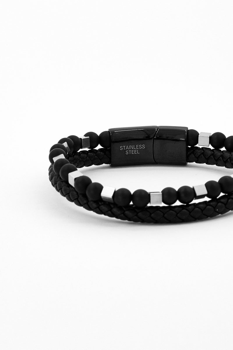 Steeltime Men Leather Bracelet With Strings Design, Black - Image 3