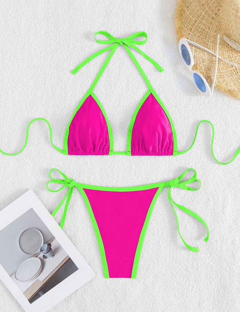 Tainehs Women's Sexy Halter Thong Bikini Tie Two Sides Bottom Color Block SwimsuitsTriangle Bathing Suit - Image 3