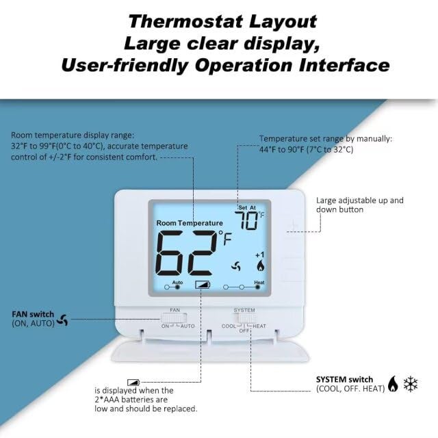 XuLuaba Non Programmable Thermostat for Home, Digital Energy-Saving Thermostat,Single-Stage Systems, 1 Heat/1 Cool, Easy DIY Install, White Backlight - Image 4