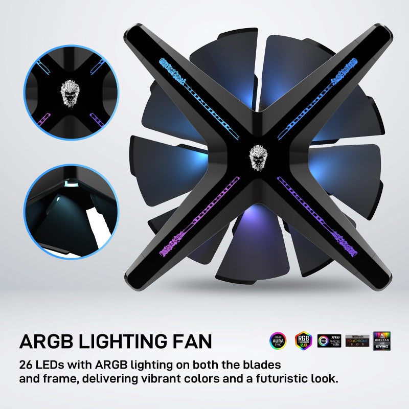 ALSEYE مروحة كمبيوتر ALSEYE X12 ARGB PWM - أداء عالي وصمت في التشغيل 120 مم RGB لتبريد وحدة المعالجة المركزية (أسود، شفرة قياسية) - Image 2
