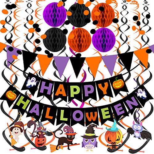 FECEDY Happy Halloween Banner Paper Triangle Flag Bunting Circle Confetti Dots Hanging Garland Honeycomb Ball Swirl Streamers for Halloween Party Decorations - Image 1