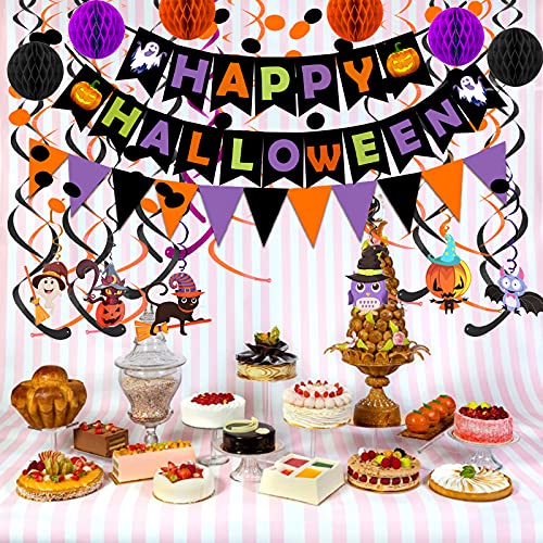 FECEDY Happy Halloween Banner Paper Triangle Flag Bunting Circle Confetti Dots Hanging Garland Honeycomb Ball Swirl Streamers for Halloween Party Decorations - Image 5