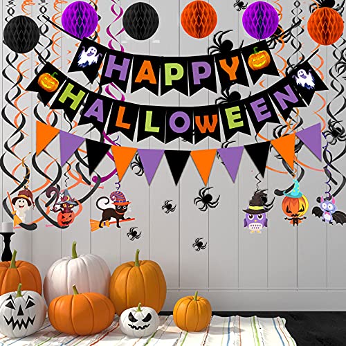 FECEDY Happy Halloween Banner Paper Triangle Flag Bunting Circle Confetti Dots Hanging Garland Honeycomb Ball Swirl Streamers for Halloween Party Decorations - Image 4