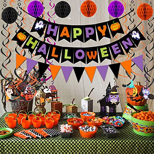 FECEDY Happy Halloween Banner Paper Triangle Flag Bunting Circle Confetti Dots Hanging Garland Honeycomb Ball Swirl Streamers for Halloween Party Decorations - Image 3