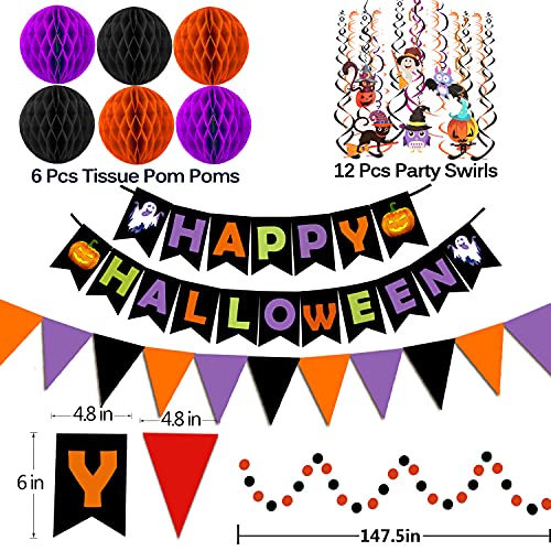 FECEDY Happy Halloween Banner Paper Triangle Flag Bunting Circle Confetti Dots Hanging Garland Honeycomb Ball Swirl Streamers for Halloween Party Decorations - Image 2