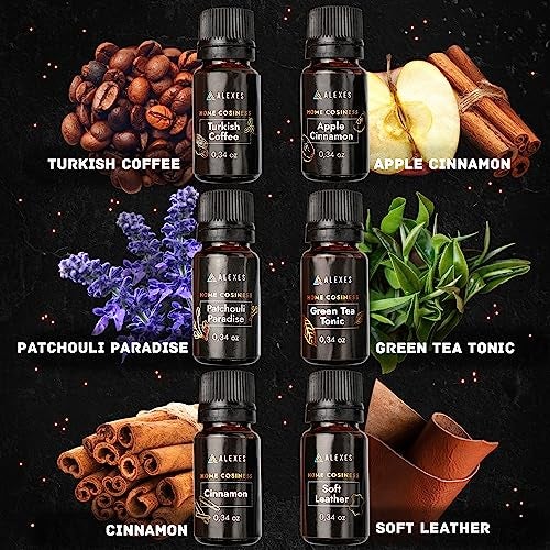 ALEXES Scented Oil Gift Set - Proffesional Fragrance Oils 6 Pack 10ml - Apple Cinnamon, Turkish Coffee, Patchouli Paradise, Soft Leather, Cinnamon, Green Tea Tonic - Image 3