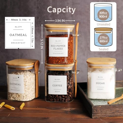 CZZGSM Set of 4 Square Glass Jar with Bamboo Lids and Spoons – Airtight 27 oz Borosilicate Glass Food Storage Contaienrs with 132 Kitchen Pantry Labels for Coffee, Tea, Sugar - Image 4