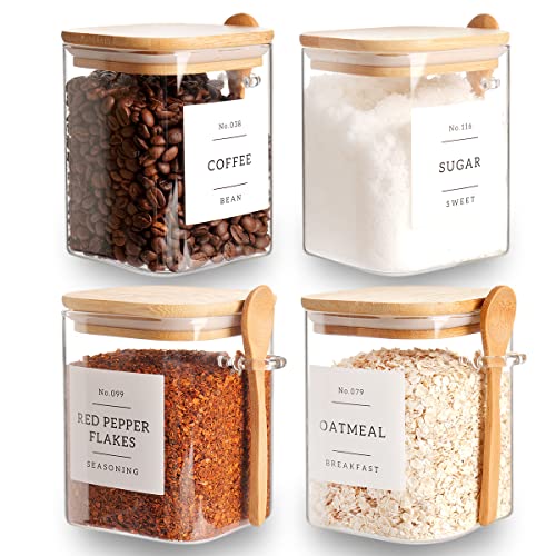 CZZGSM Set of 4 Square Glass Jar with Bamboo Lids and Spoons – Airtight 27 oz Borosilicate Glass Food Storage Contaienrs with 132 Kitchen Pantry Labels for Coffee, Tea, Sugar - Image 1