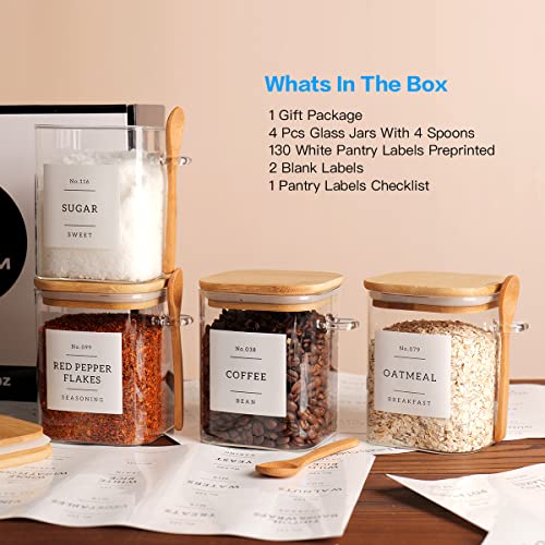 CZZGSM Set of 4 Square Glass Jar with Bamboo Lids and Spoons – Airtight 27 oz Borosilicate Glass Food Storage Contaienrs with 132 Kitchen Pantry Labels for Coffee, Tea, Sugar - Image 2