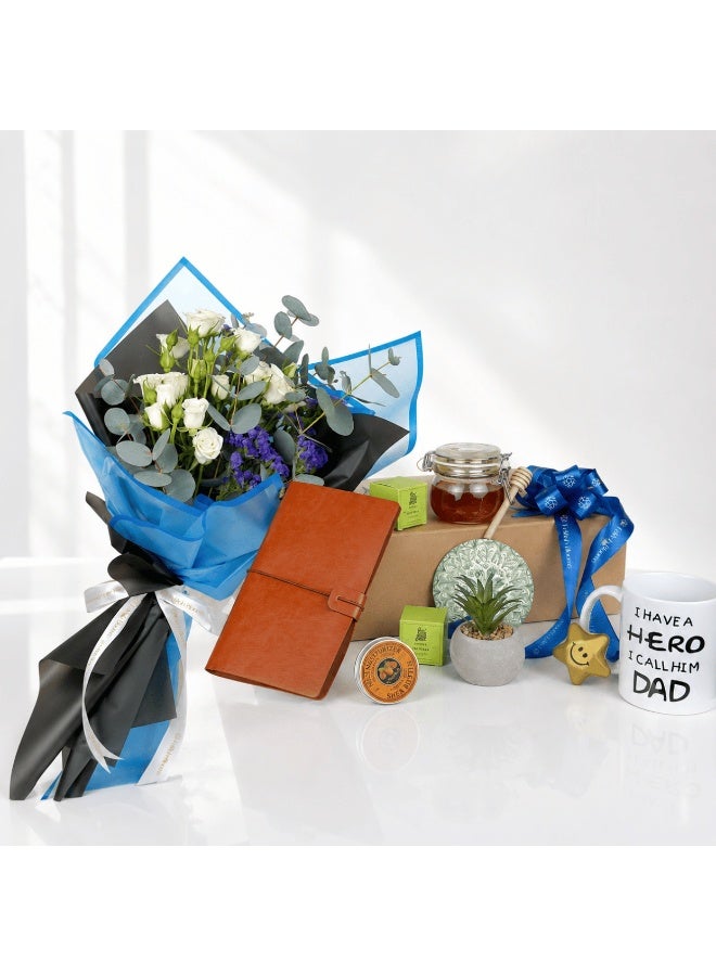 Dad My Star Gift Hamper with Fresh Floral Bouquet, Mug, Personal Care Balm & Assorted Treats