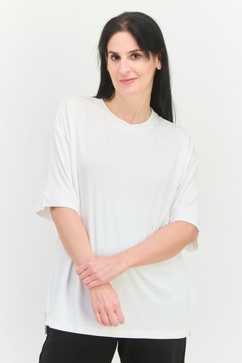 TRIBE OF 6 Women Round Neck Short Sleeves Embroidered Logo T-Shirt, White - Image 1