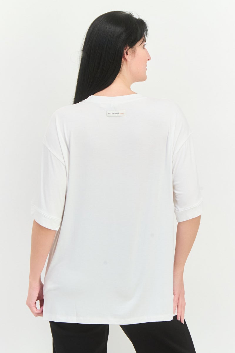 TRIBE OF 6 Women Round Neck Short Sleeves Embroidered Logo T-Shirt, White - Image 2