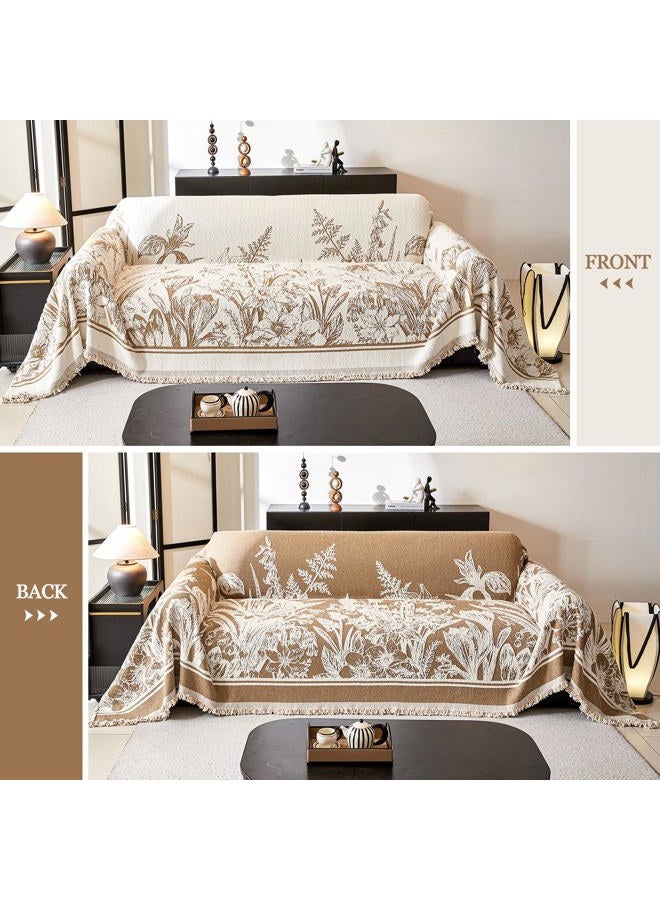 DREAMINGO Floral Sofa Cover Plush Couch Cover for Dogs Jacquard Farmhouse Couch Cover for 3 Cushion Couch Washable Thick Couch Cover Blanket Living Room Vintage Furniture Protector, 71"x134", Khaki - Image 2