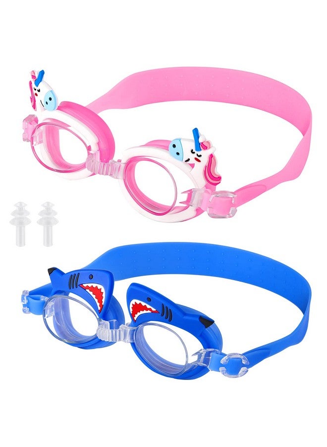 Foaincore 2 Pairs Kids Toddler Swim Goggles Anti Fog Uv Swimming Goggles With Ear Plugs For Girls Boys Age 3 9 (Shark Unicorn) - Image 1