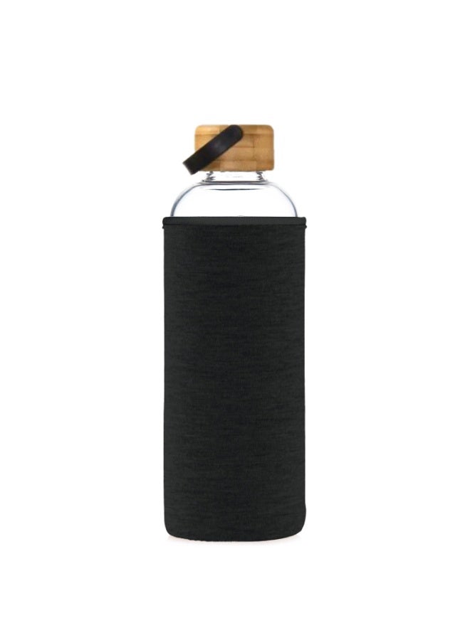 MAX-EMA GLASS WATER BOTTLE BLACK 1 LITER WITH BAMBOO LID AND NEOPRENE SLEEVE REUSABLE GLASS BOTTLE FOR HOT AND COLD DRINKS, JUICE, TEA, MILK, SMOOTHIES AND FOR HOME, GYM AND TRAVEL