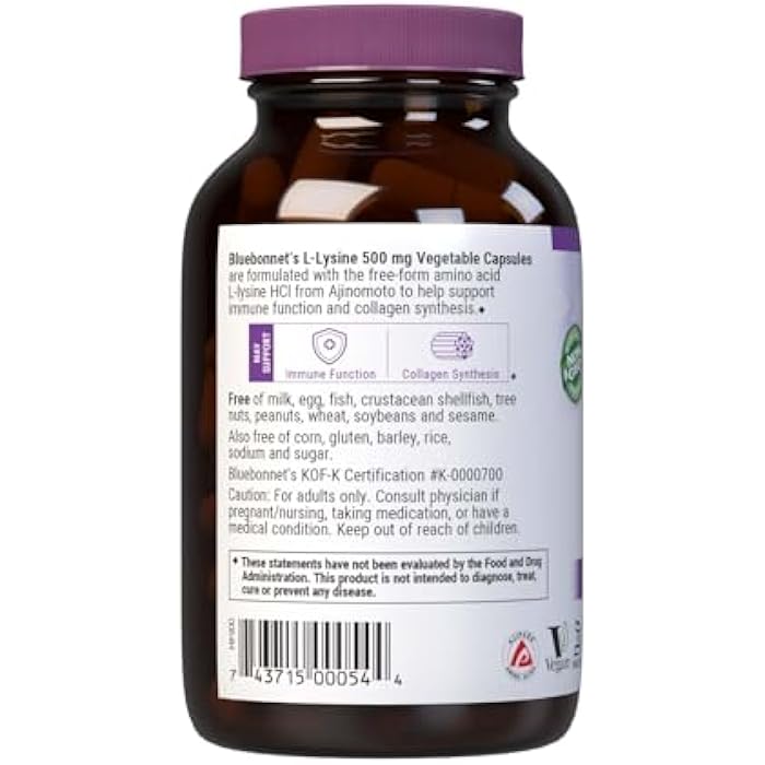 Bluebonnet Nutrition L-Lysine 500mg, for Healthy Immune Function, Supports Collagen Synthesis, Soy-Free, Gluten-Free, Non-GMO, Kosher Certified, Vegan, 100 Capsules - Image 3