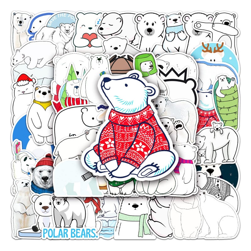 ZCGONG Funny Polar Bear Stickers for Water Bottles,50 Pcs Cute Christmas Polar Bears Animal Vinyl Laptop Skateboard Phone Stickers,Christmas Party Gift Decals Pack for Kids Girls Teens - Image 1