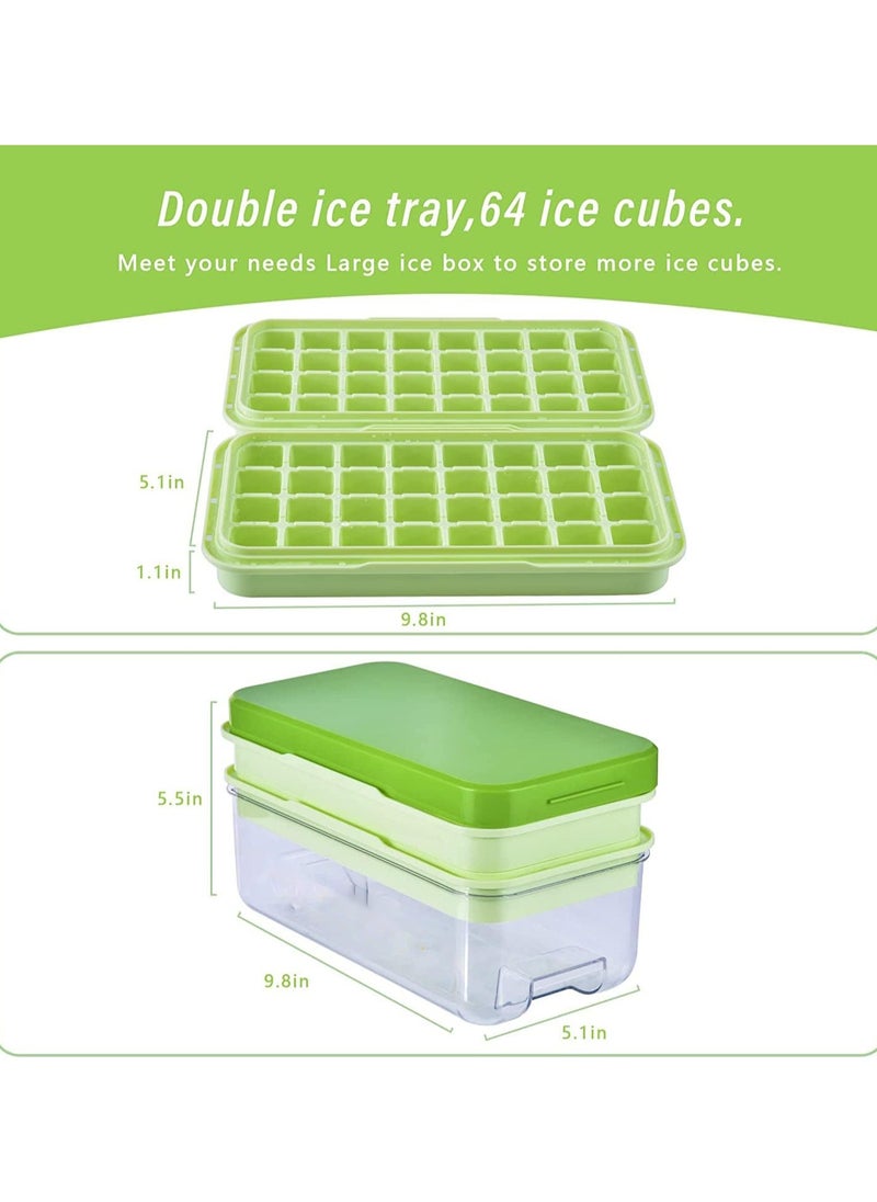 Generic - Press Type 64-Ice Cube Tray Quickly Ice Cubes Release Plastic Stackable Maker Mold with Ice Container  Scoop and Lid for Freezer Drinks Tea Coffee (Green-2) - Image 1