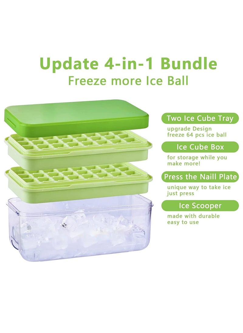 Generic - Press Type 64-Ice Cube Tray Quickly Ice Cubes Release Plastic Stackable Maker Mold with Ice Container  Scoop and Lid for Freezer Drinks Tea Coffee (Green-2) - Image 1