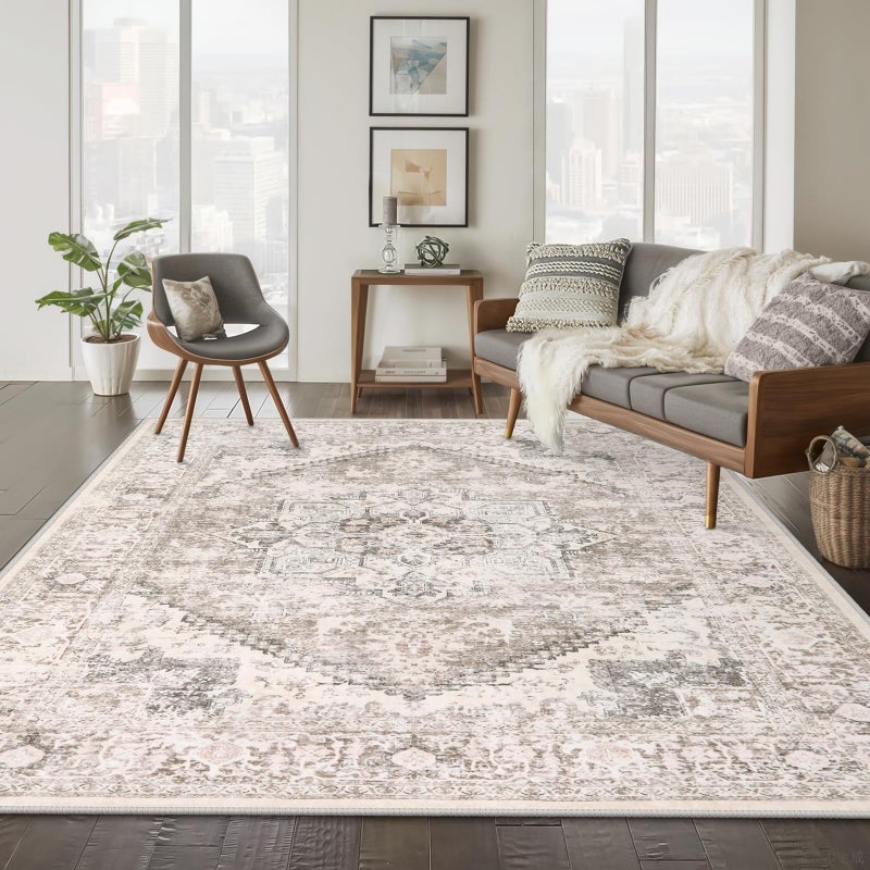 LIVEBOX 8X10 Area Rugs for Living Room, Washable Beige Neutral Boho Rugs Large Soft Non-Slip Rug, Low-Pile Vintage Medallion Rug, Retro Faux Wool Indoor Carpet for Dining Room Bedroom Office - Image 1