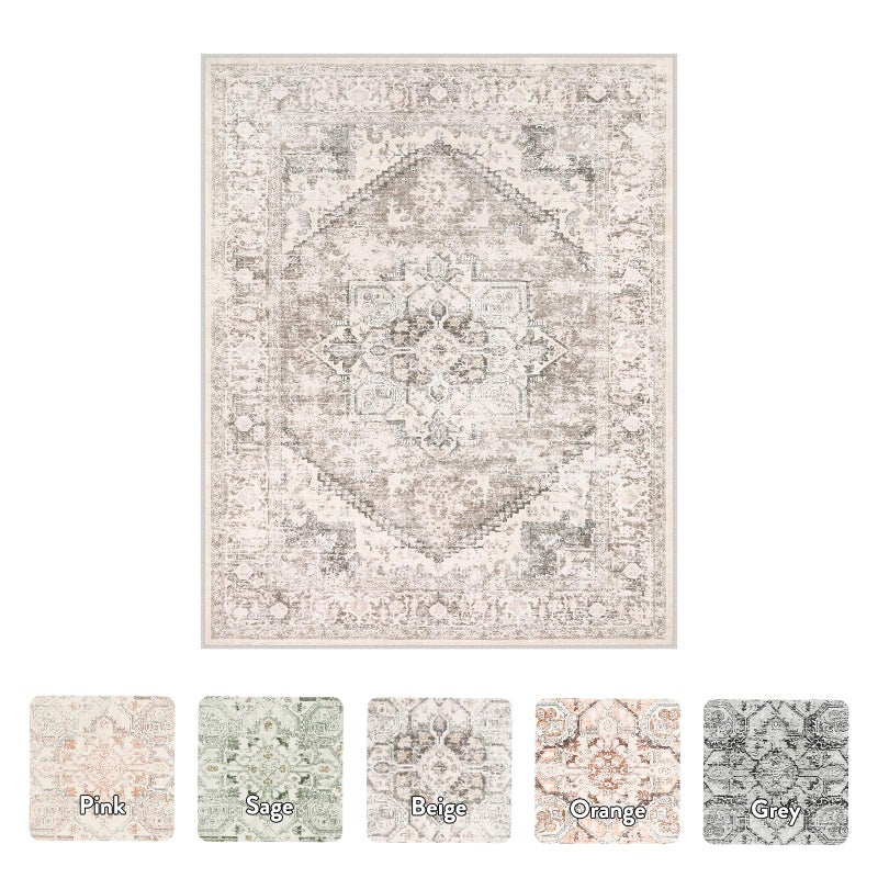 LIVEBOX 8X10 Area Rugs for Living Room, Washable Beige Neutral Boho Rugs Large Soft Non-Slip Rug, Low-Pile Vintage Medallion Rug, Retro Faux Wool Indoor Carpet for Dining Room Bedroom Office - Image 5