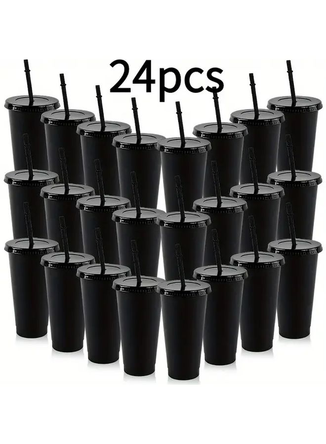 Reusable Plastic Cups With Lids And Straws Reusable Straw Black Color Set Portable Leakproof Drinkware For Camping Parties Travel Picnics Ideal For Coffee Tea Cold Iced Beverages - Image 1