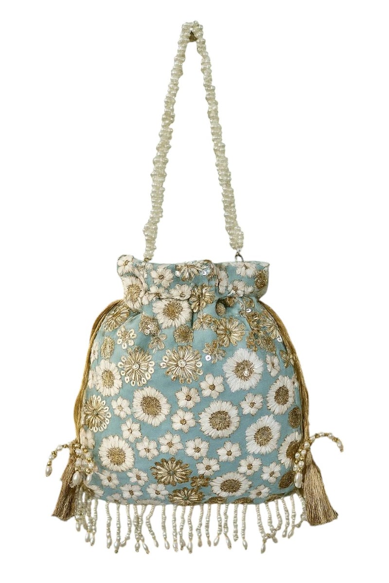 DUCHESS Silk Potli Bag for Ladies – Elegant Embroidered Batua Purse for Women | Stylish Potli Bags for Wedding Functions, Festive Occasions & Return Gifts with Pearl Detailing (Pastel Blue) - Image 1